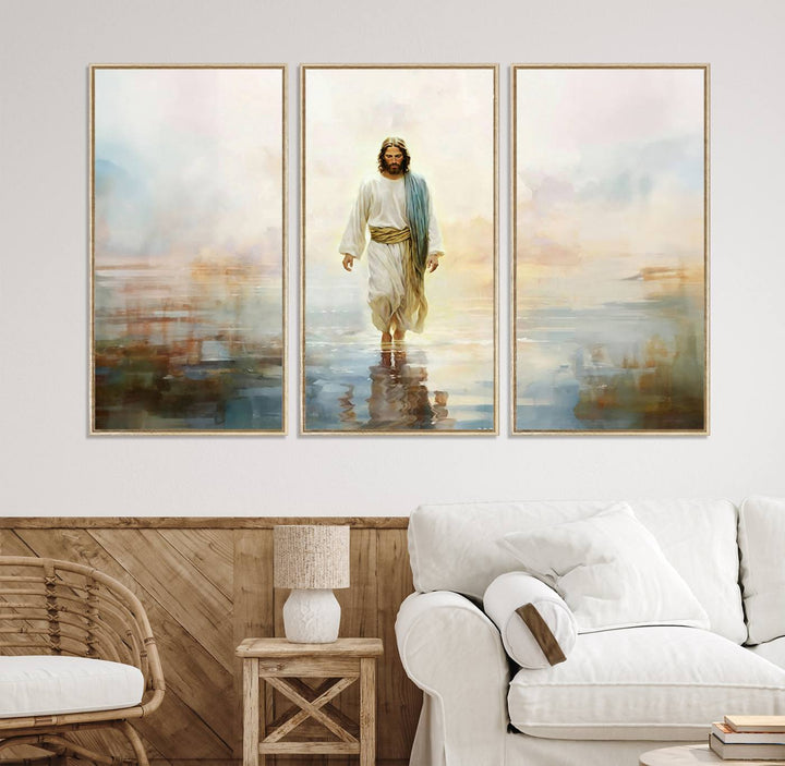 The 3-panel Framed Jesus Walking on Water Wall Art showcases a serene religious scene.