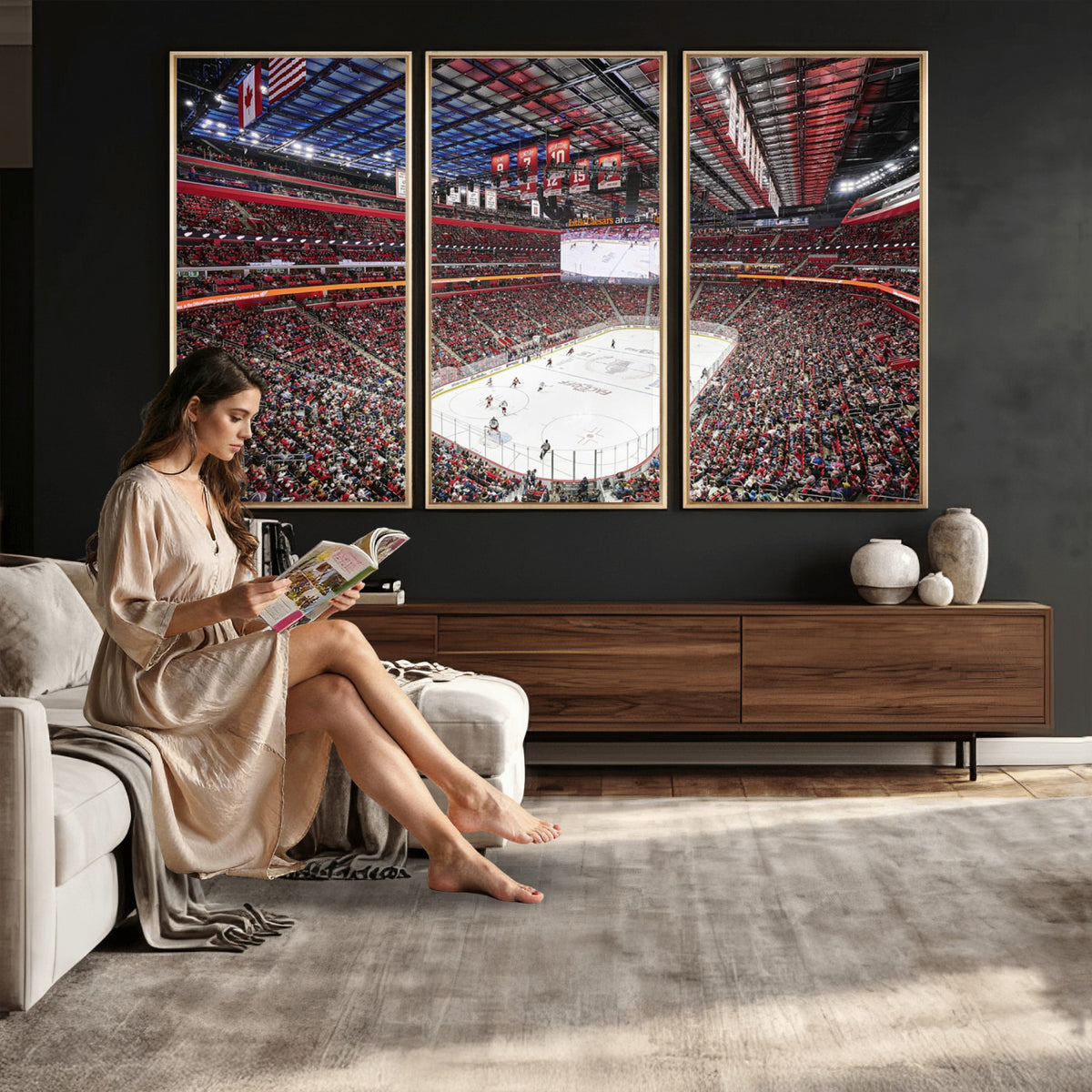 62263-MGV-CV-36X24 - Barton Malow Little Caesars Arena Detroit Wall Art Canvas Print - Detroit Hockey and Basketball