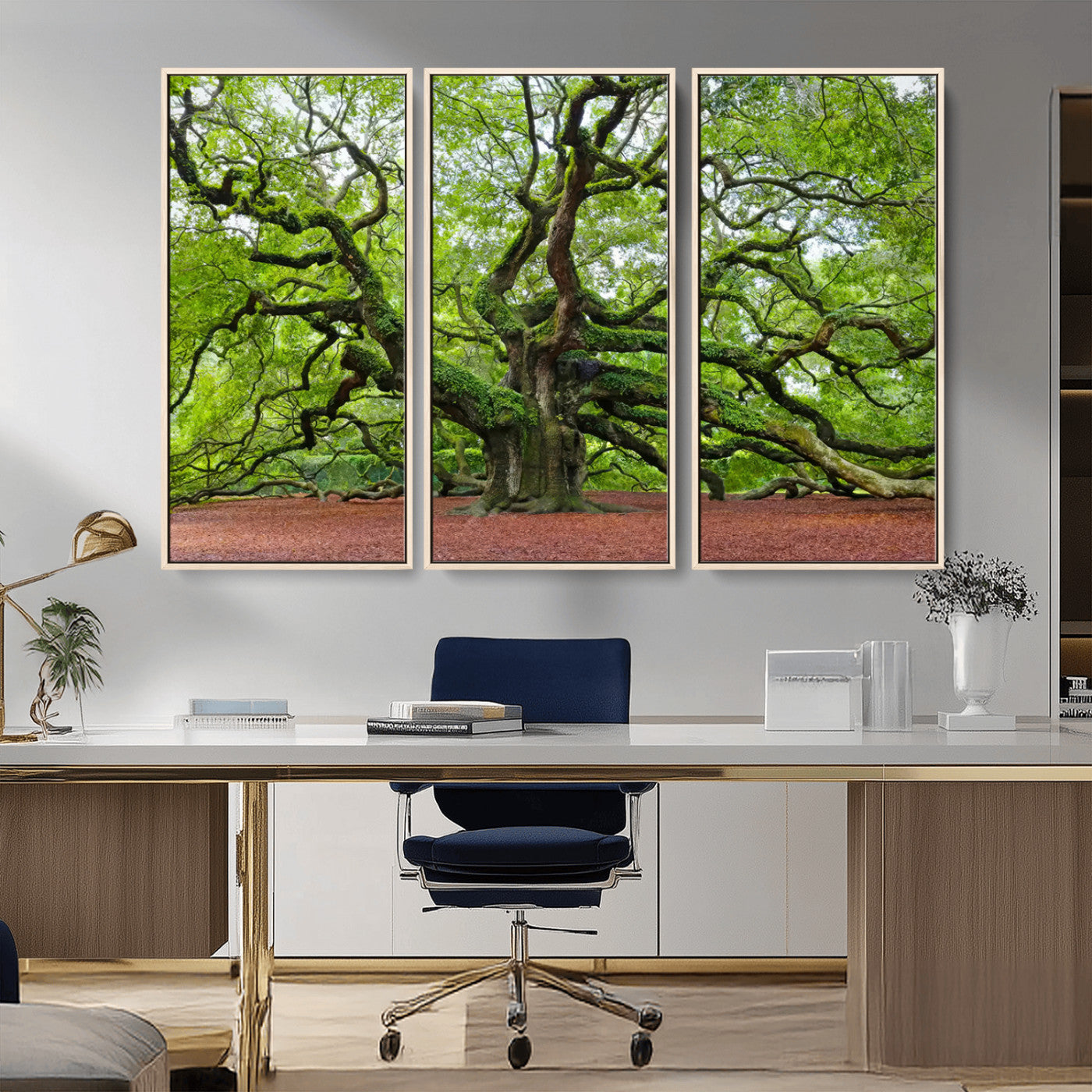 MGV-FC-48X32-3P - Framed Angel Oak Tree Wall Art - 3-Panel Canvas Prints, Large Green Nature Artwork, Ready to Hang