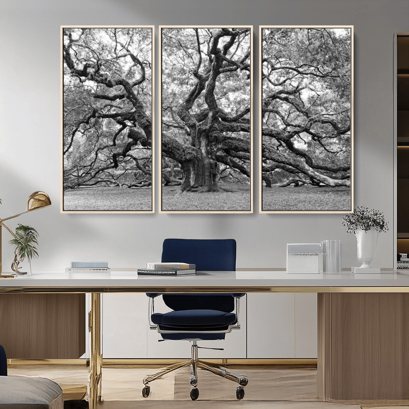 MGV-FC-48X32-3P - Black White Angel Oak Tree Wall Art - Timeless Nature-Inspired Canvas for Rustic, Modern, or