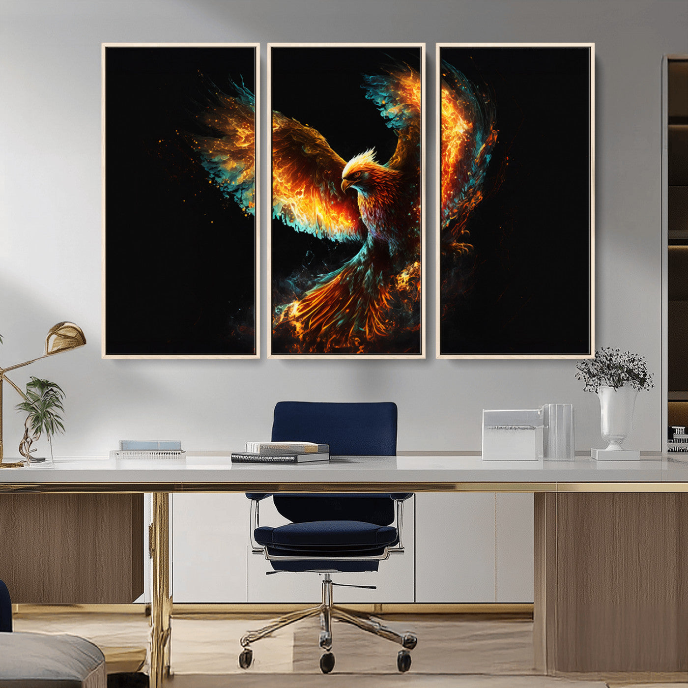 MGV-FC-48X32-3P - Fiery Phoenix Canvas Print | Ready to Hang Wall Art | Bold Fantasy Decor for Living Room | Majestic