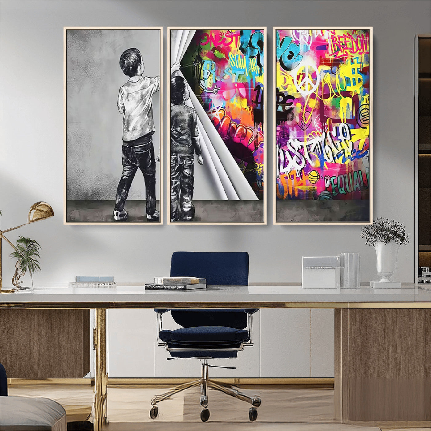 MGV-FC-48X32-3P - Banksy Print - Street Art Canvas Wall Art - Kids Revealing Graffiti, Urban Modern Decor for Living