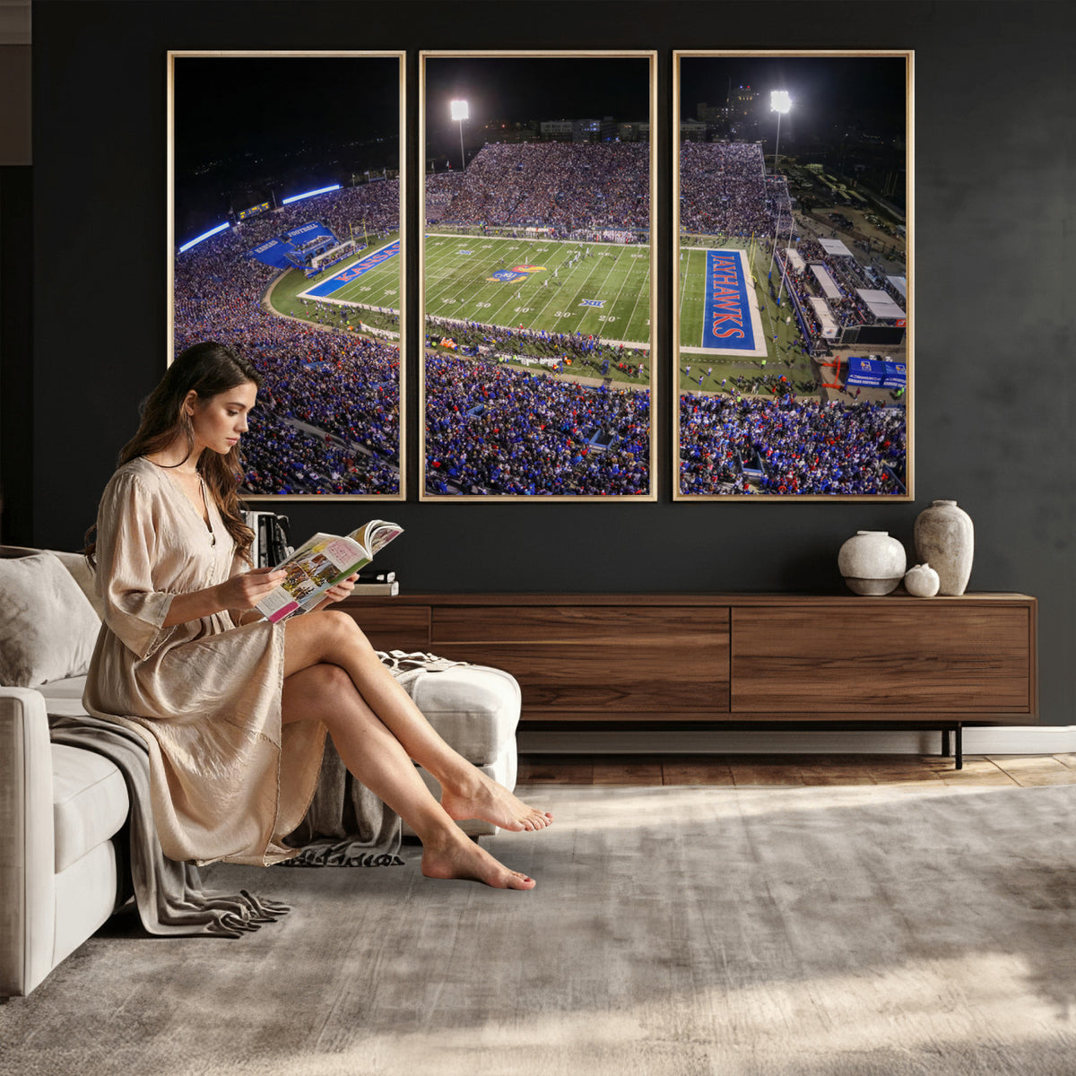 69760-MGV-CV-36X24 - University of Kansas Jayhawks Football Team Print - Lawrence Kansas Memorial Stadium Wall Art Canvas