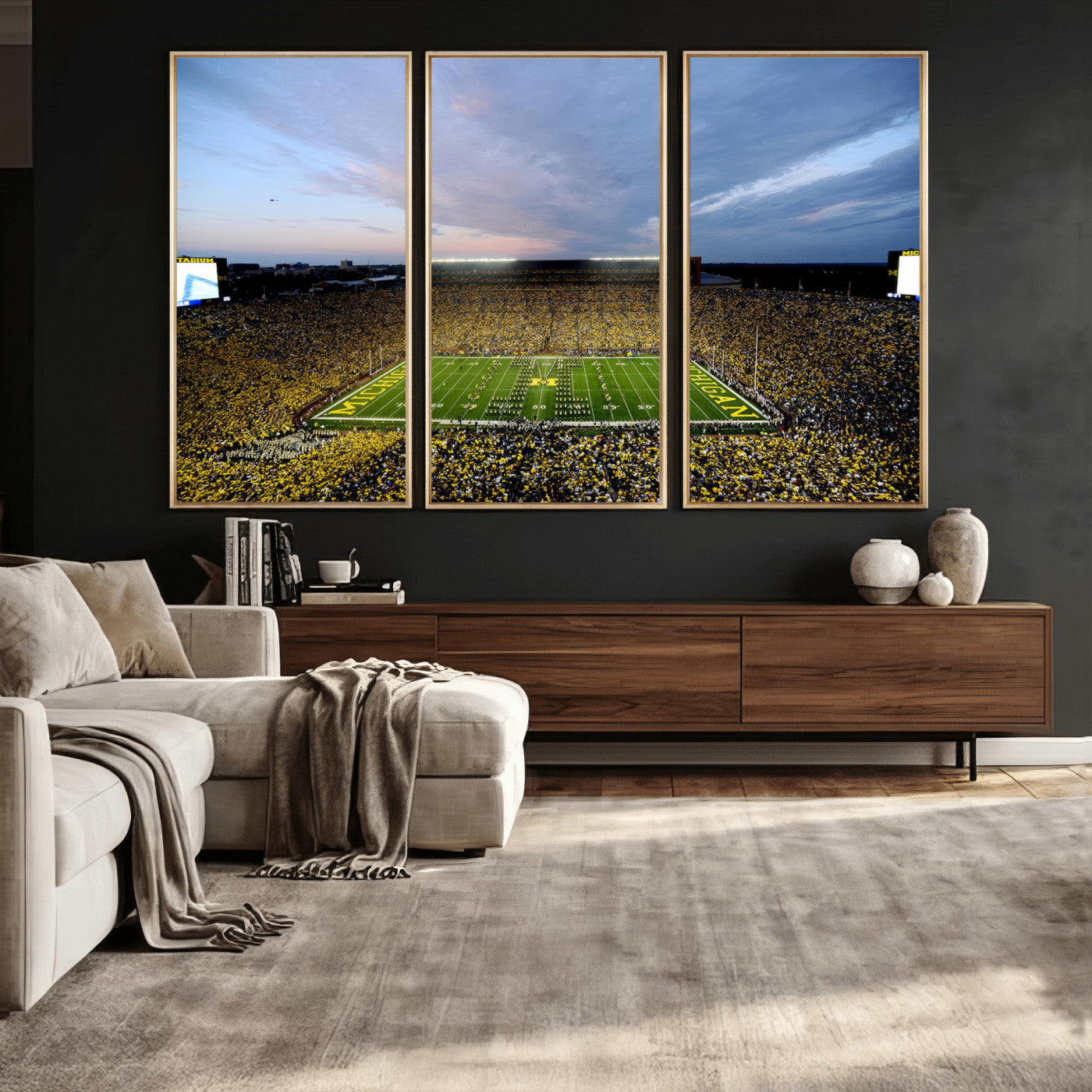 82641-MGV-CV-36X24 - Michigan Stadium Wall Art Canvas Print, Vibrant Game Day Crowd and Sunset Sky Football Field Artwork for Home, Office