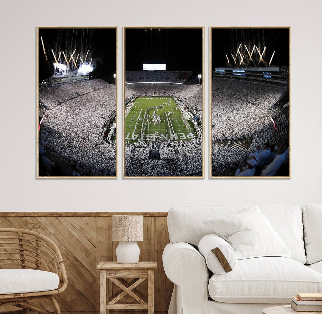 Wide-angle print of a packed stadium with fireworks, ideal gallery-quality wall art - Penn State Nittany Lions Canvas.