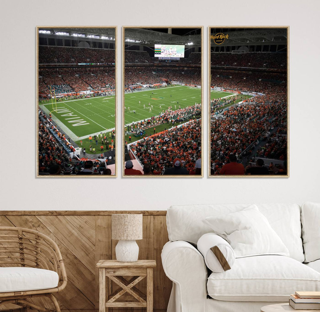 Aerial view of a Miami Hurricanes game at Hard Rock Stadium captured on canvas print, showcasing the teams on the field and fans in the stands.