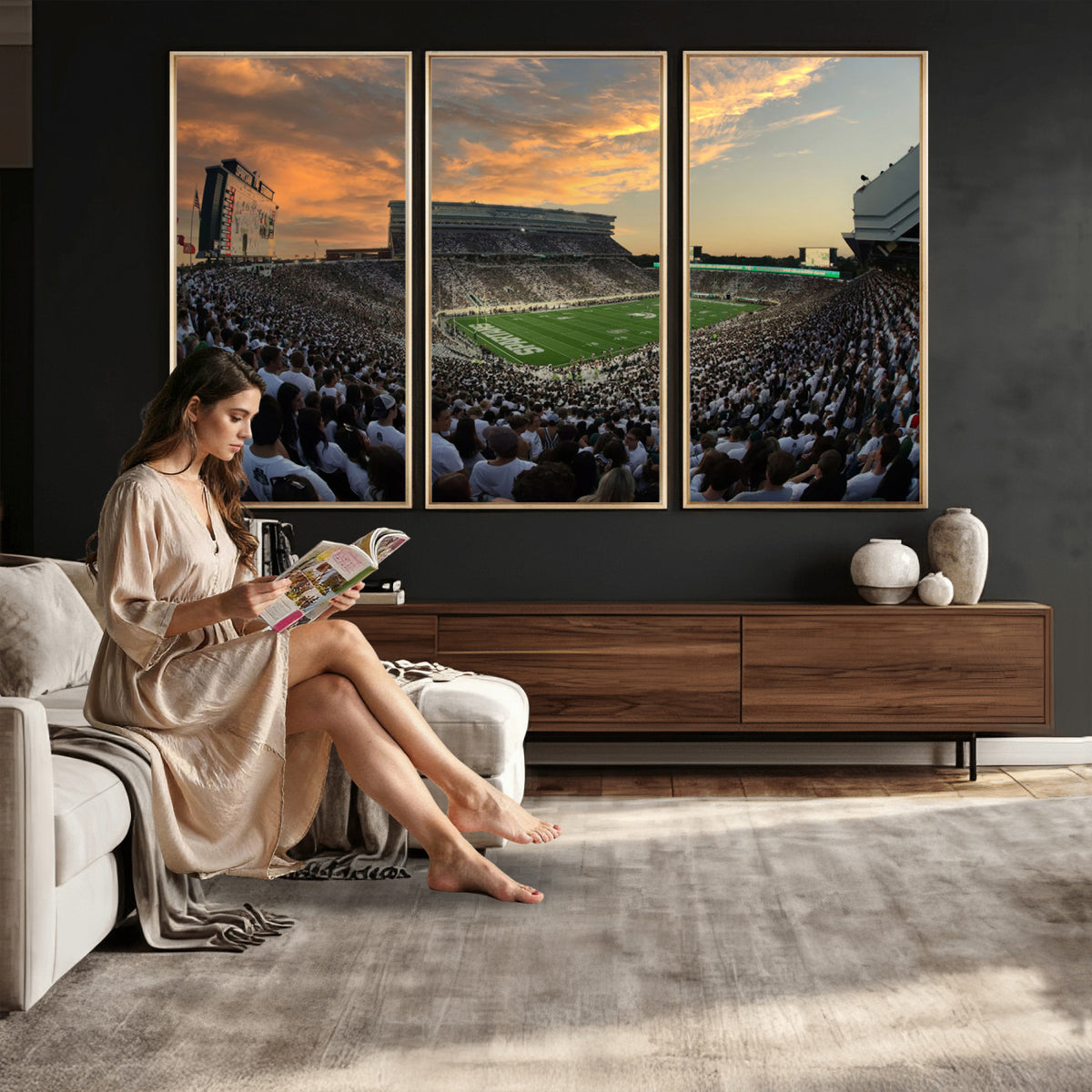 99155-PAN-FL-20X10 - Michigan State Spartans Football Team Print - East Lansing Spartan Stadium Wall Art Canvas Print