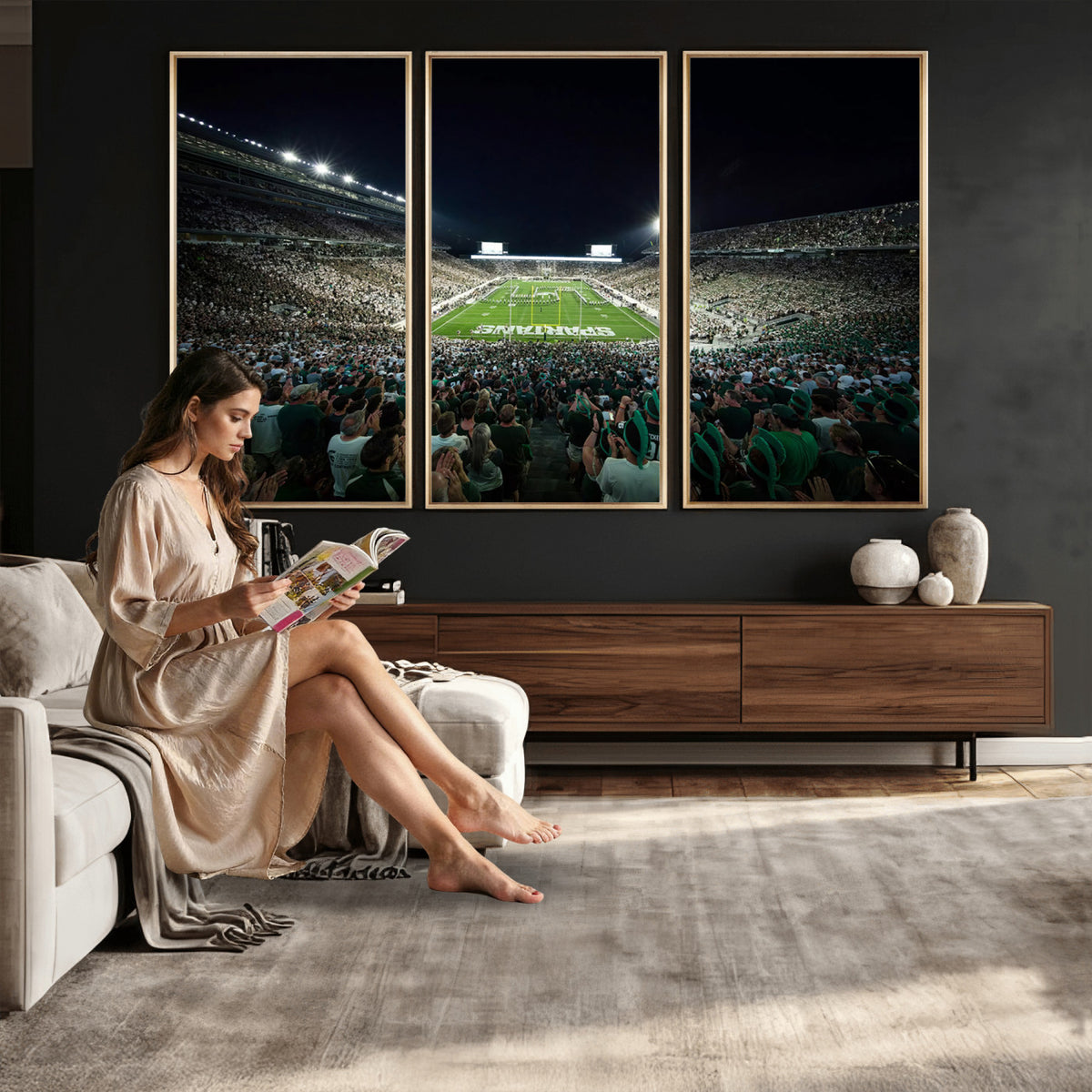 57523-PAN-FL-20X10 - Framed Michigan State Spartans Football Team Print - East Lansing Spartan Stadium Wall Art Canvas