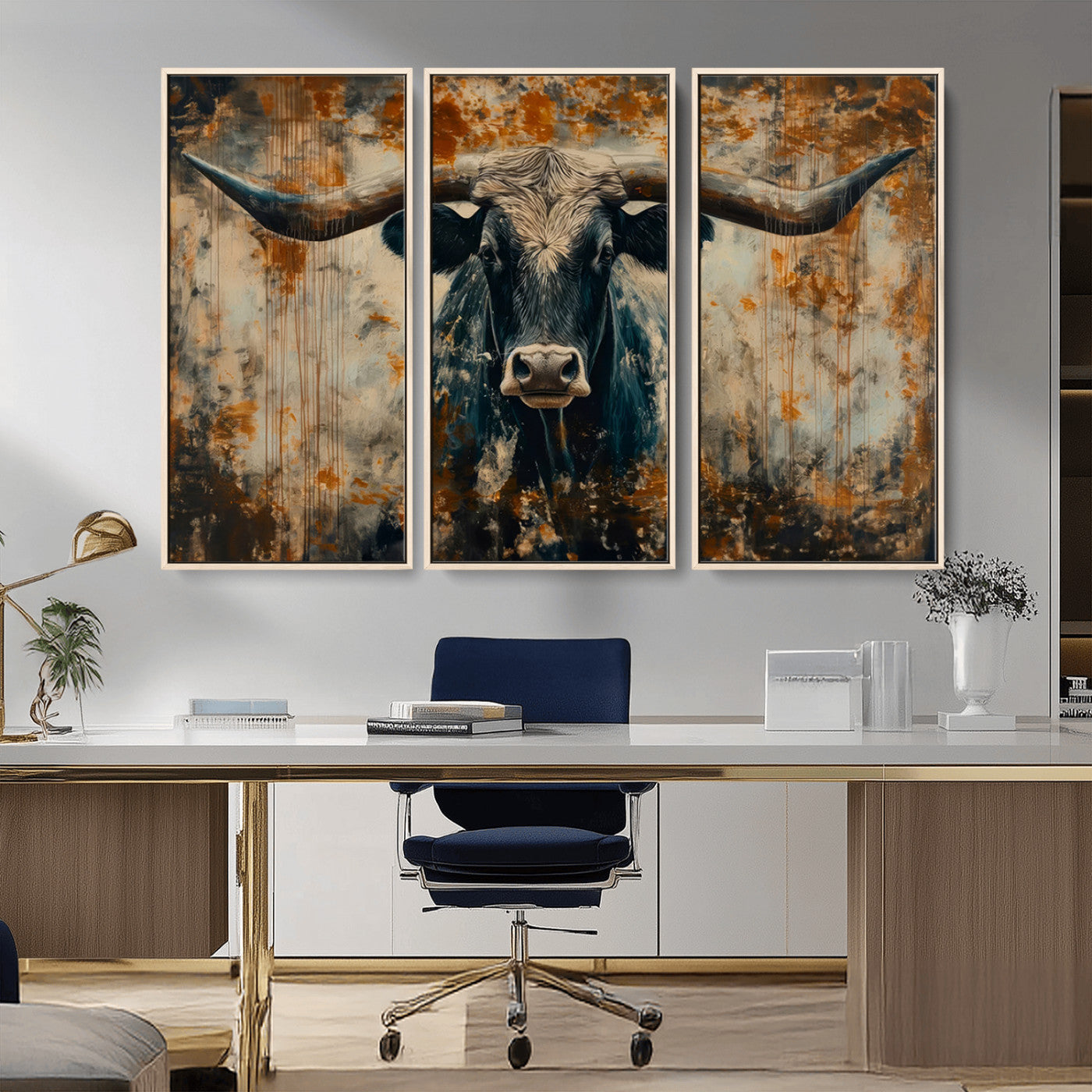 MGV-FC-48X32-3P - Abstract Longhorn Bull Wall Art | Rustic Western Wall Decor | Framed and Ready to Hang | Ideal for