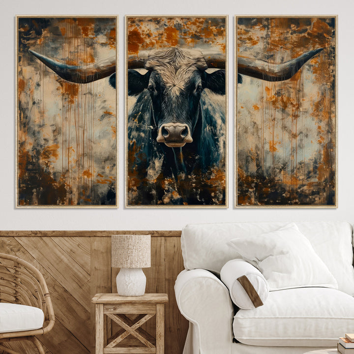 Abstract Longhorn Bull Wall Art | Rustic Western Wall Decor | Framed and Ready to Hang | Ideal for Farmhouse, Lodge, and Barn Decor