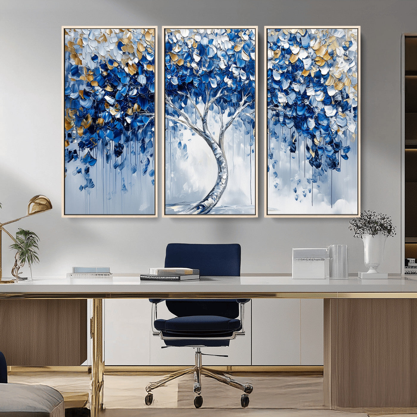 MGV-FC-48X32-3P - Blue and Gold Abstract Tree Wall Art Canvas Print | Modern Tree of Life Painting | Framed Canvas
