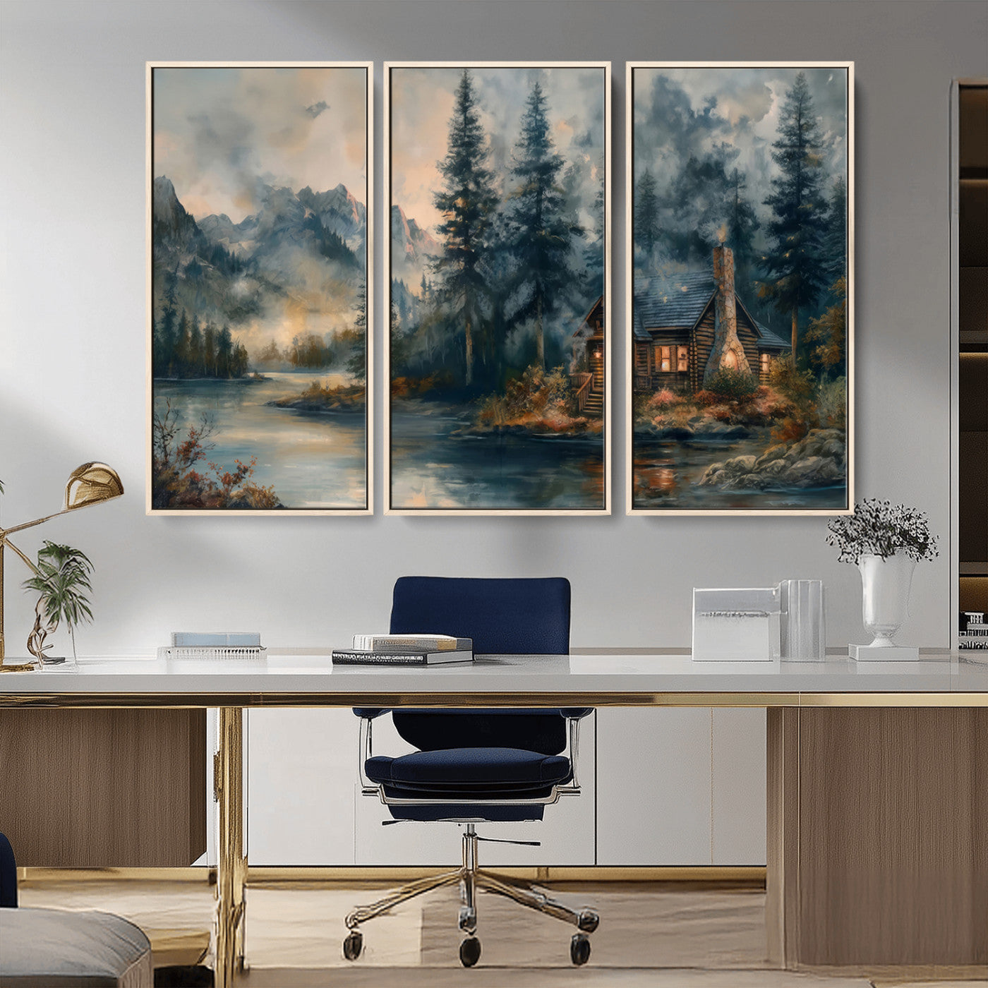 MGV-FC-48X32-3P - Rustic Cabin Woods Wall Art Print | Lake in a Forest Canvas Print | Cabin, Lodge, and Farmhouse