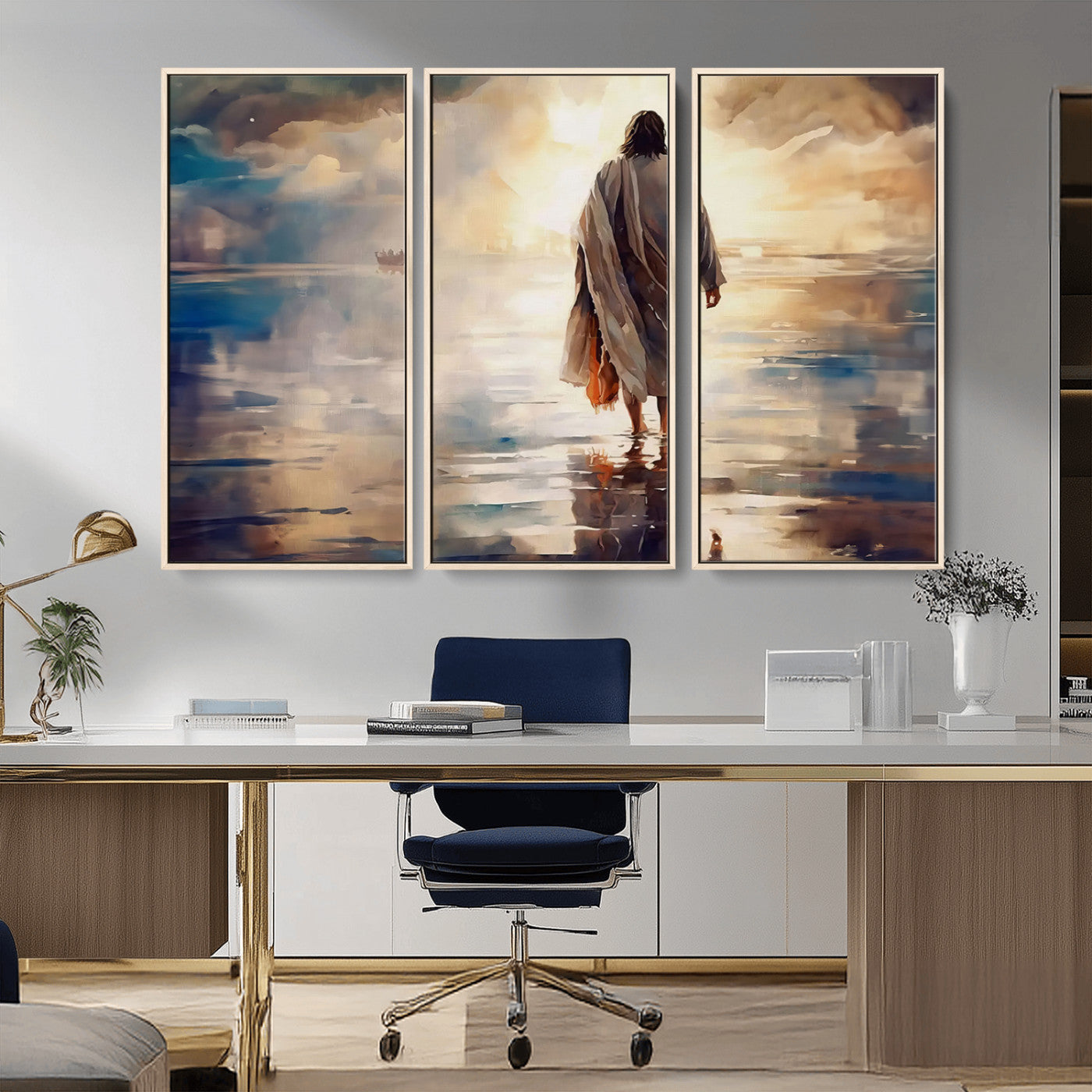 MGV-FC-48X32-3P - Jesus Walking on Water Wall Art | Ready to Hang Spiritual Triptych Canvas Print | Inspirational