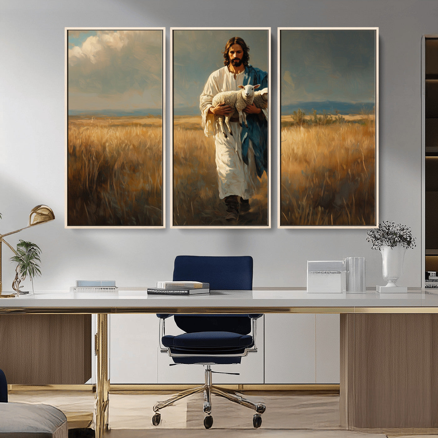 MGV-FC-48X32-3P - Jesus Shepherd Wall Art | Ready to Hang Triptych Canvas of Jesus Holding a Lamb in a Field |