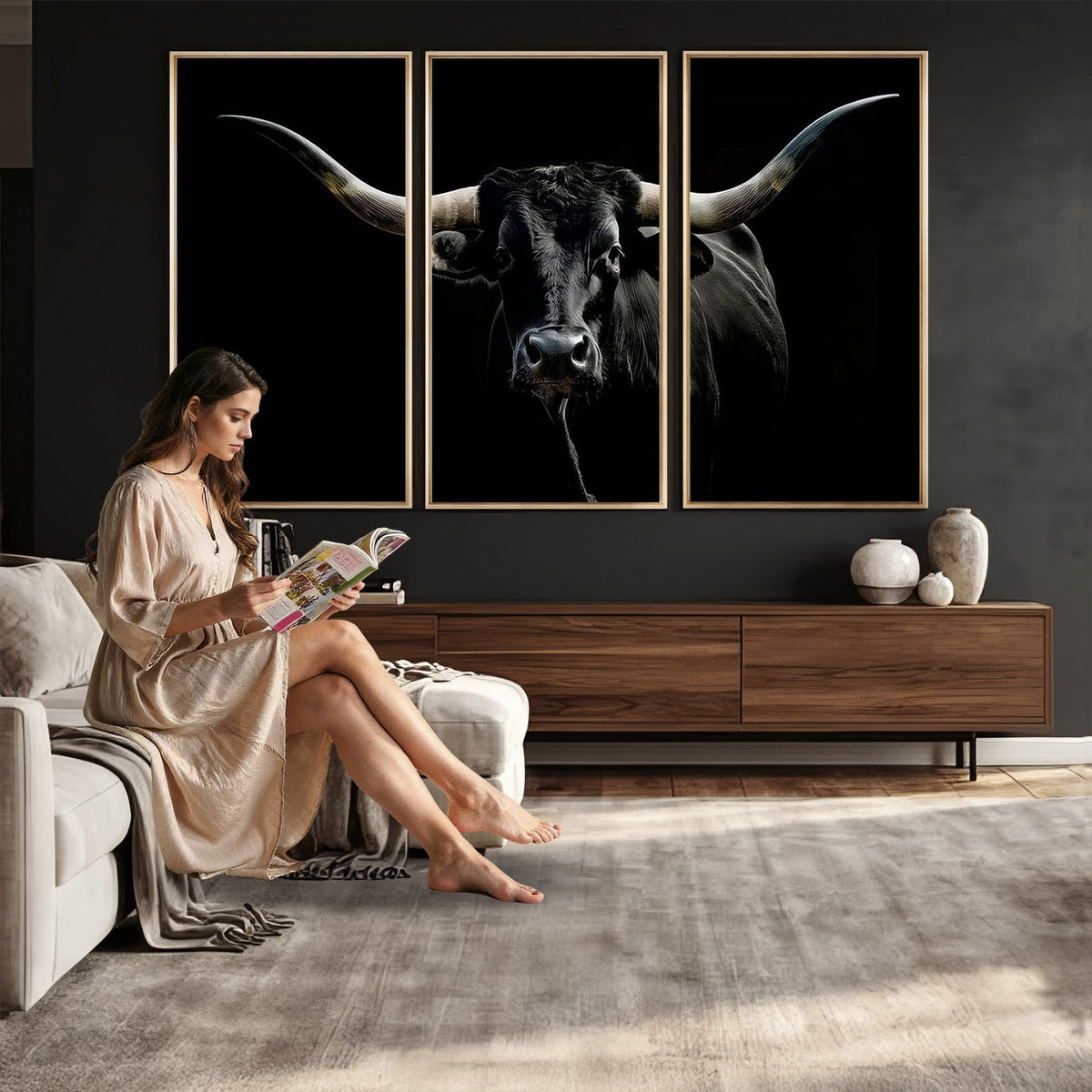 20679-MGV-CV-24X16 - Texas Black Longhorn Bull Wall Art Canvas Print, Western Cattle Rustic Decor