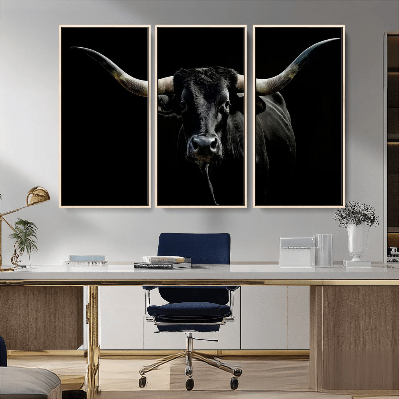 MGV-FC-48X32-3P - Texas Black Longhorn Bull Wall Art Canvas Print - Western Texas Cattle Rustic Decor Print - Longhorn