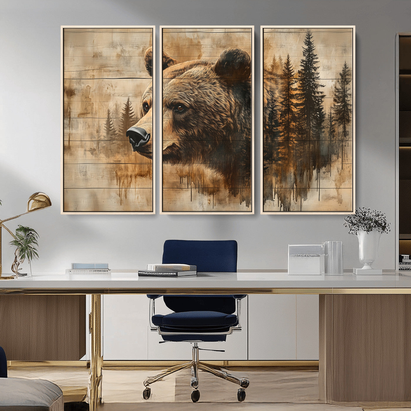 MGV-FC-48X32-3P - Rustic Grizzly Bear Wall Art, Abstract Grizzly 399 Bear Wall Art Canvas Print - Woodland Wildlife