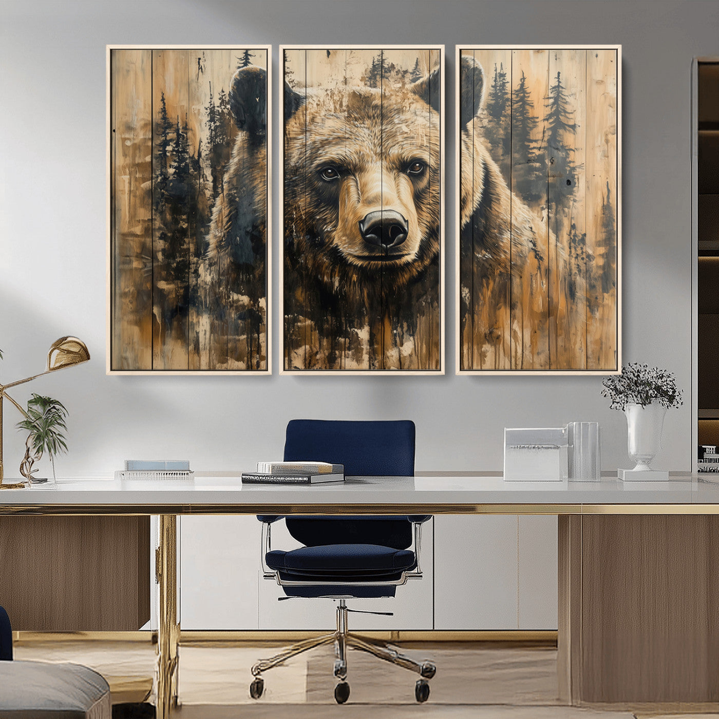 MGV-FC-48X32-3P - Majestic Grizzly 399 Bear Wall Art | 3-Panel Rustic Canvas Print for Living Room, Office, or Cabin