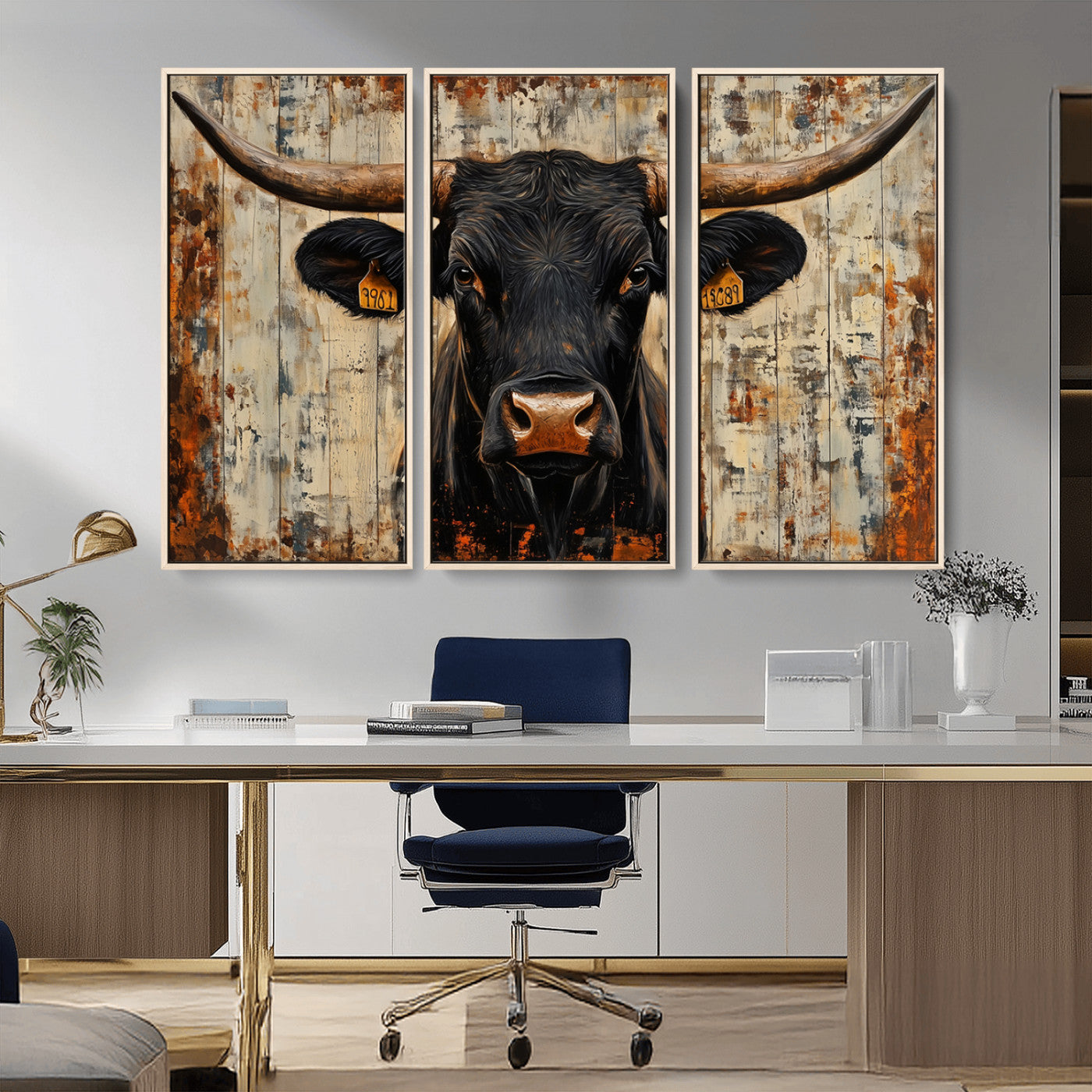 MGV-FC-48X32-3P - Rustic Texas Artwork Wall Art Canvas Print - Abstract Cow Longhorn Bull Wall Art Canvas Print