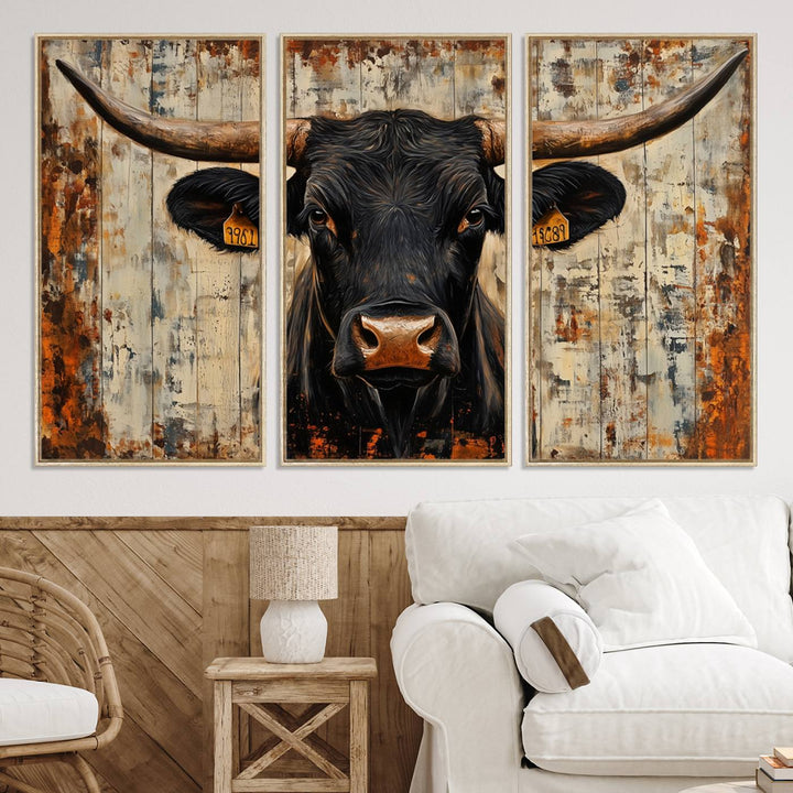 Rustic Texas Artwork Wall Art Canvas Print - Abstract Cow Longhorn Bull Wall Art Canvas Print