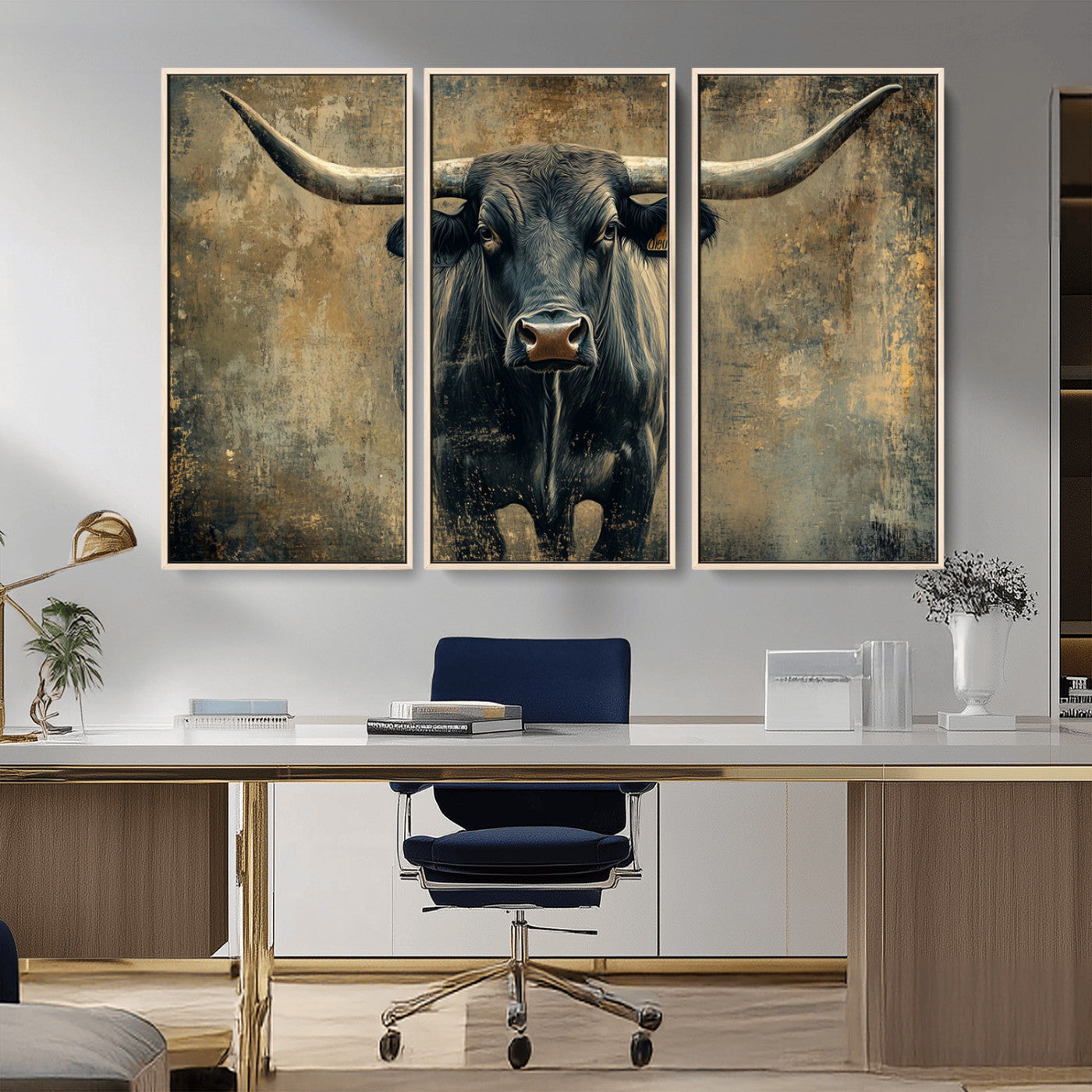 MGV-FC-48X32-3P - Longhorn Bull Wall Art Canvas Print, Framed Rustic Cow Art Picture Print, Texas Longhorn Perfect Western Decor Artwork