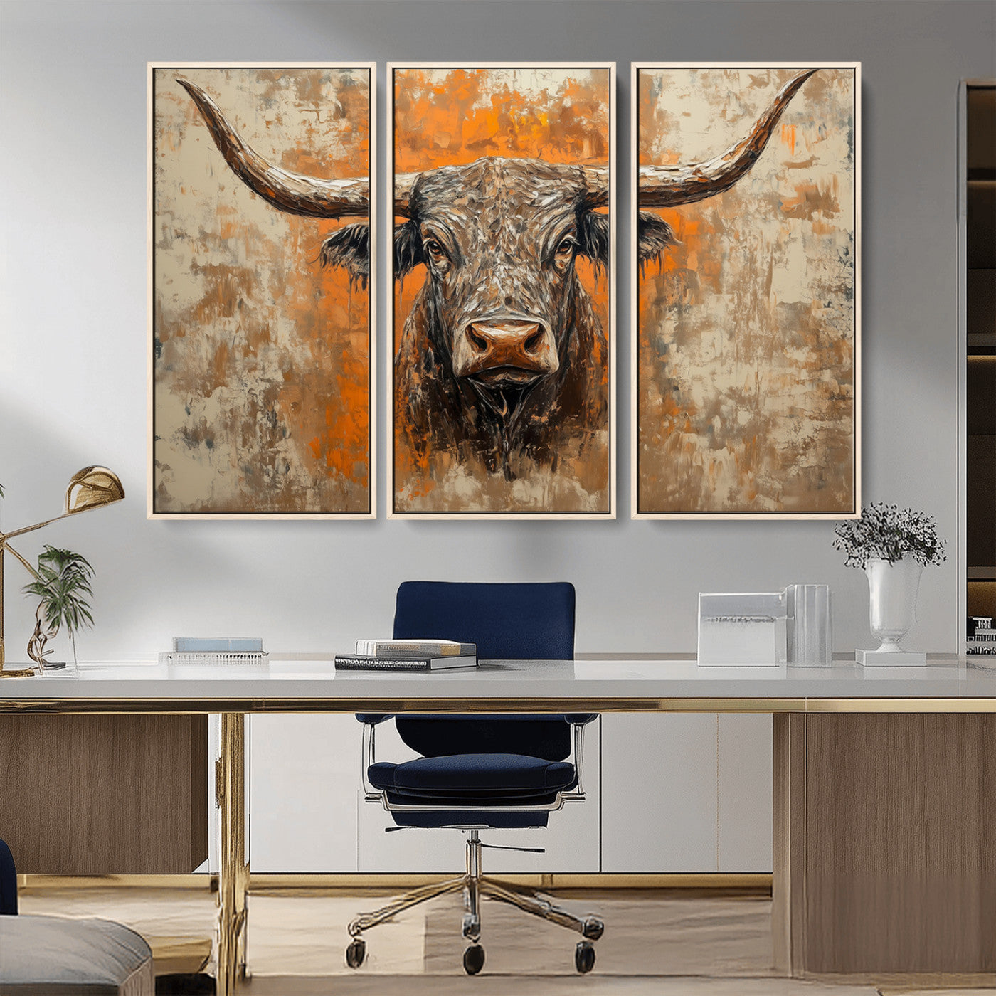 MGV-FC-48X32-3P - Abstract Cow Longhorn Bull Wall Art Canvas Print - Rustic Texas Western Cattle Artwork
