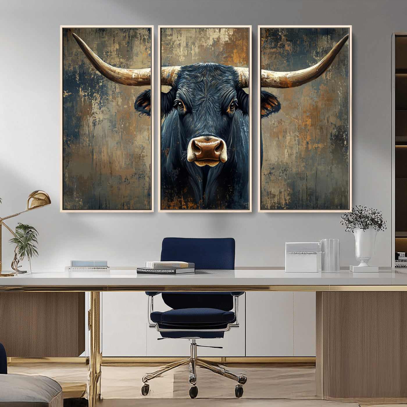 MGV-FC-48X32-3P - Texas Western Wall Art Canvas Print - Abstract Cow Longhorn Bull Wall Art Canvas Print - Rustic Cow