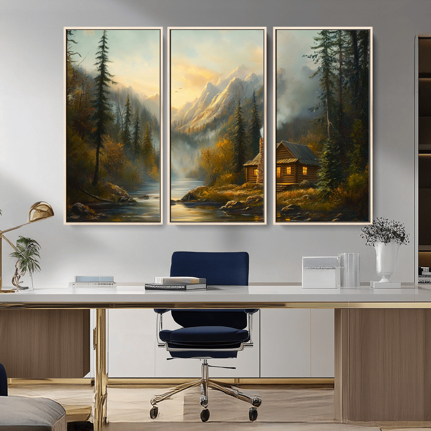 MGV-FC-48X32-3P - Wood Cabin Retreat Mountain at Sunset Wall Art Print - Serene Forest and River Landscape Wall Art