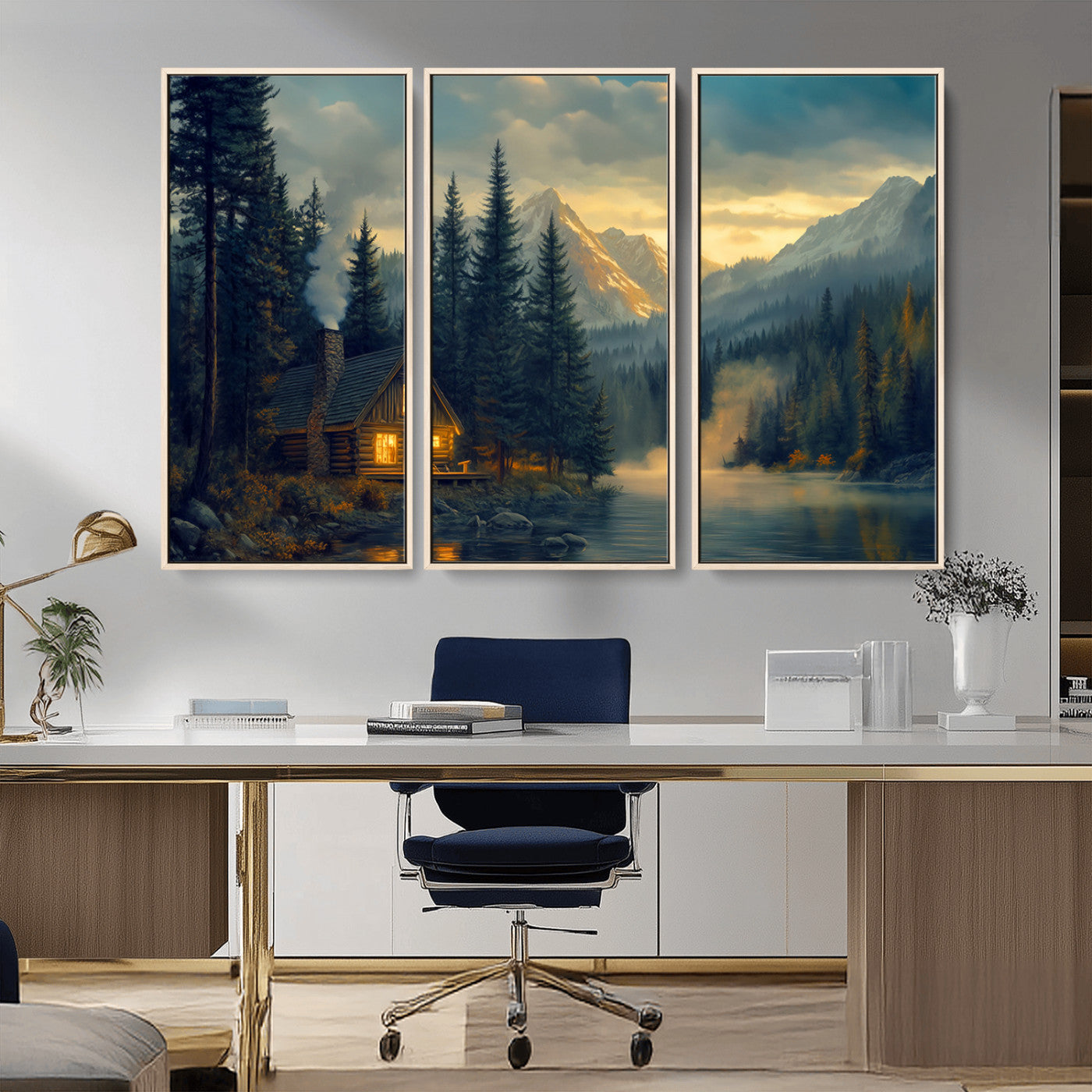 MGV-FC-48X32-3P - Mountain Cabin by the Lake at Sunset Wall Art - Serene Nature Canvas Print for Living Room Decor,