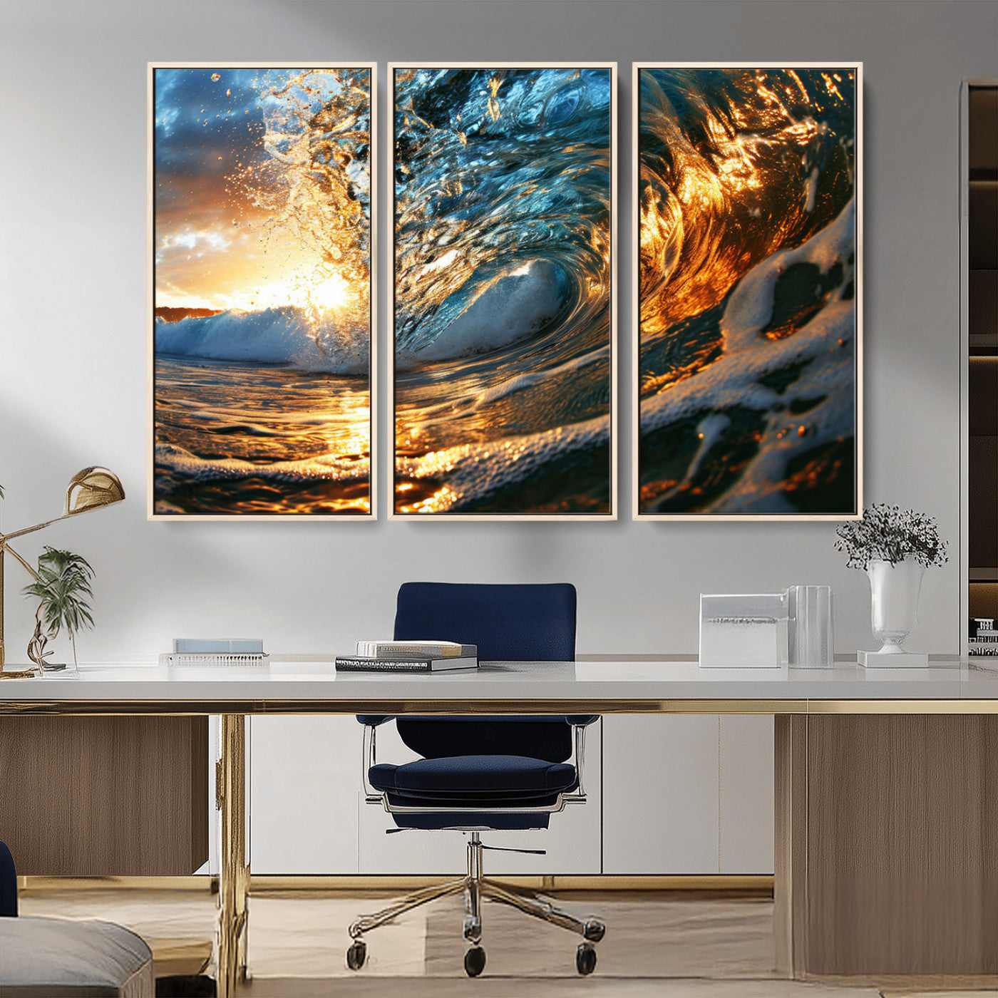 MGV-FC-48X32-3P - Ocean Wave at Sunset Canvas Wall Art – Vibrant Coastal Beach Waves Print, Large Nautical Decor,