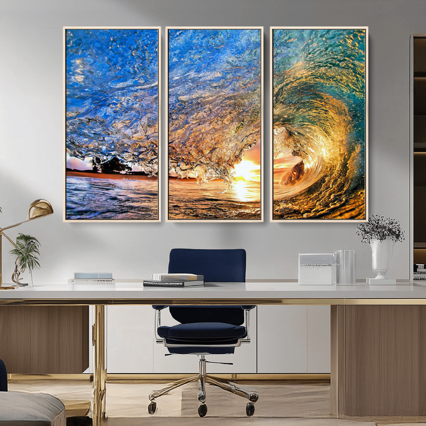 MGV-FC-48X32-3P - Ocean Wave at Sunset Canvas Wall Art – Vibrant Coastal Beach Waves Print, Large Nautical Decor,