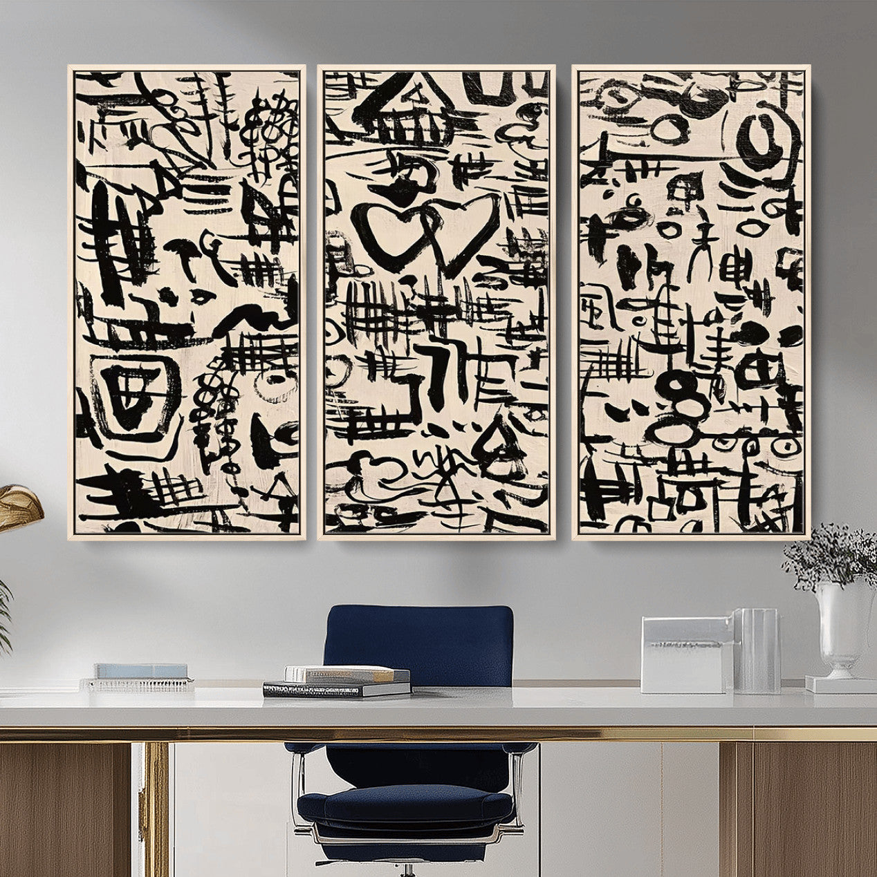68273-MGV-FC-48X32-3P - Abstract Love and Chaos Canvas Print, Black Symbols on Beige