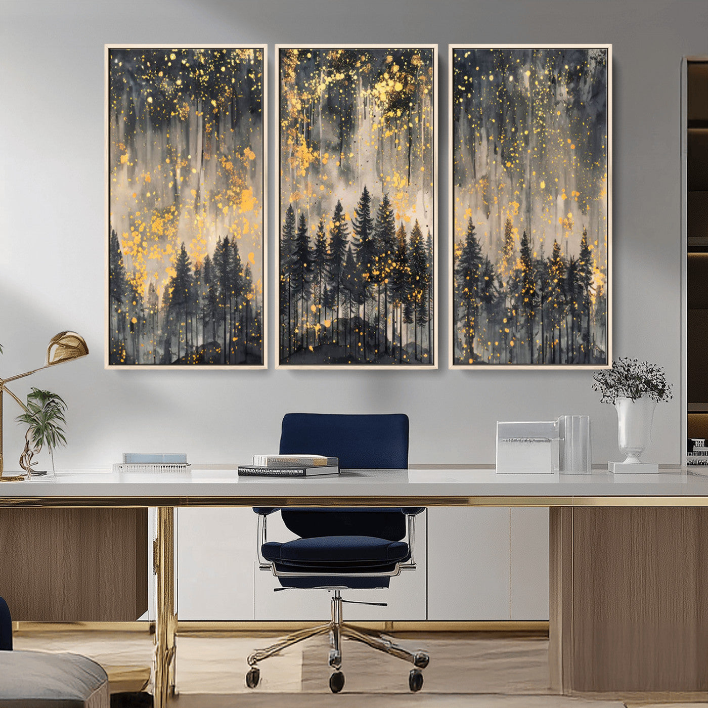 MGV-FC-48X32-3P - Golden Forest Abstract Wall Art | Dark Forest with Gold Splatter Accents | Triptych Ready to Hang