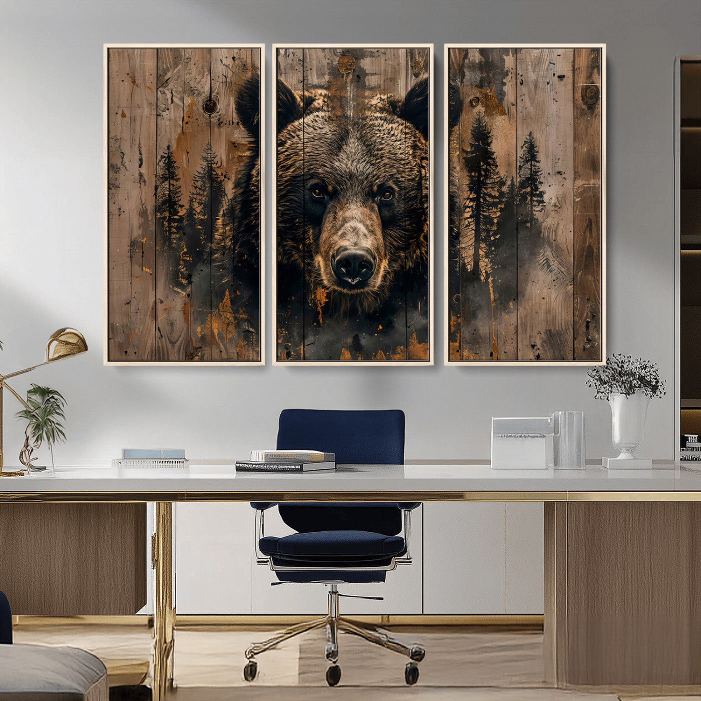 MGV-FC-48X32-3P - Rustic Grizzly 399 Wall Art | Triptych Canvas Print | Rustic Cabin Wall Decor | Perfect for