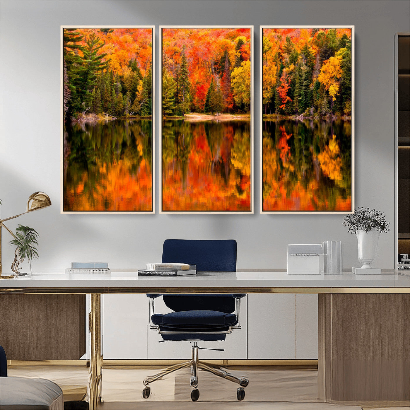MGV-FC-48X32-3P - Forest Reflection Art | Autumn Forest Reflection Wall Art | Triptych Canvas Print | Vibrant Fall