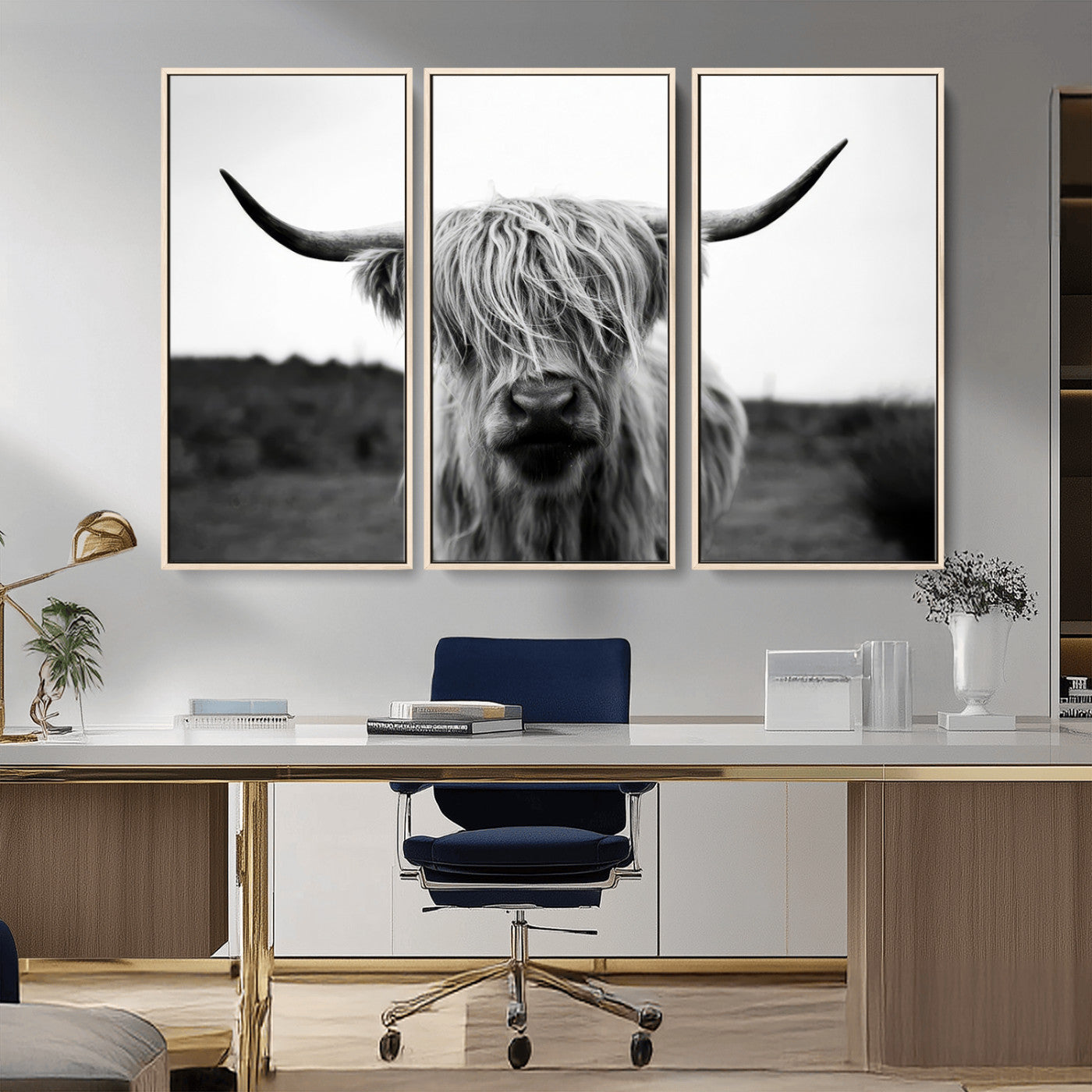 MGV-FC-48X32-3P - Highland Cow Wall Art | Black and White Farmhouse Decor | Triptych Canvas Print | Rustic Barn Decor
