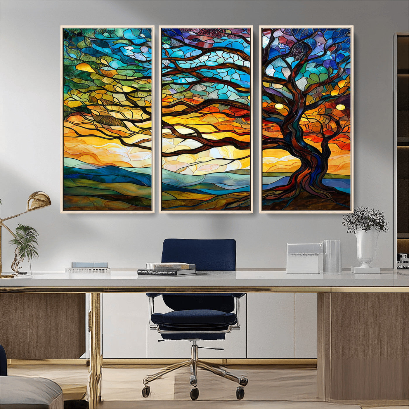 MGV-FC-48X32-3P - Vibrant Mosaic Tree of Life Wall Art | Stained Glass Style Canvas Print | Ready to Hang Artistic