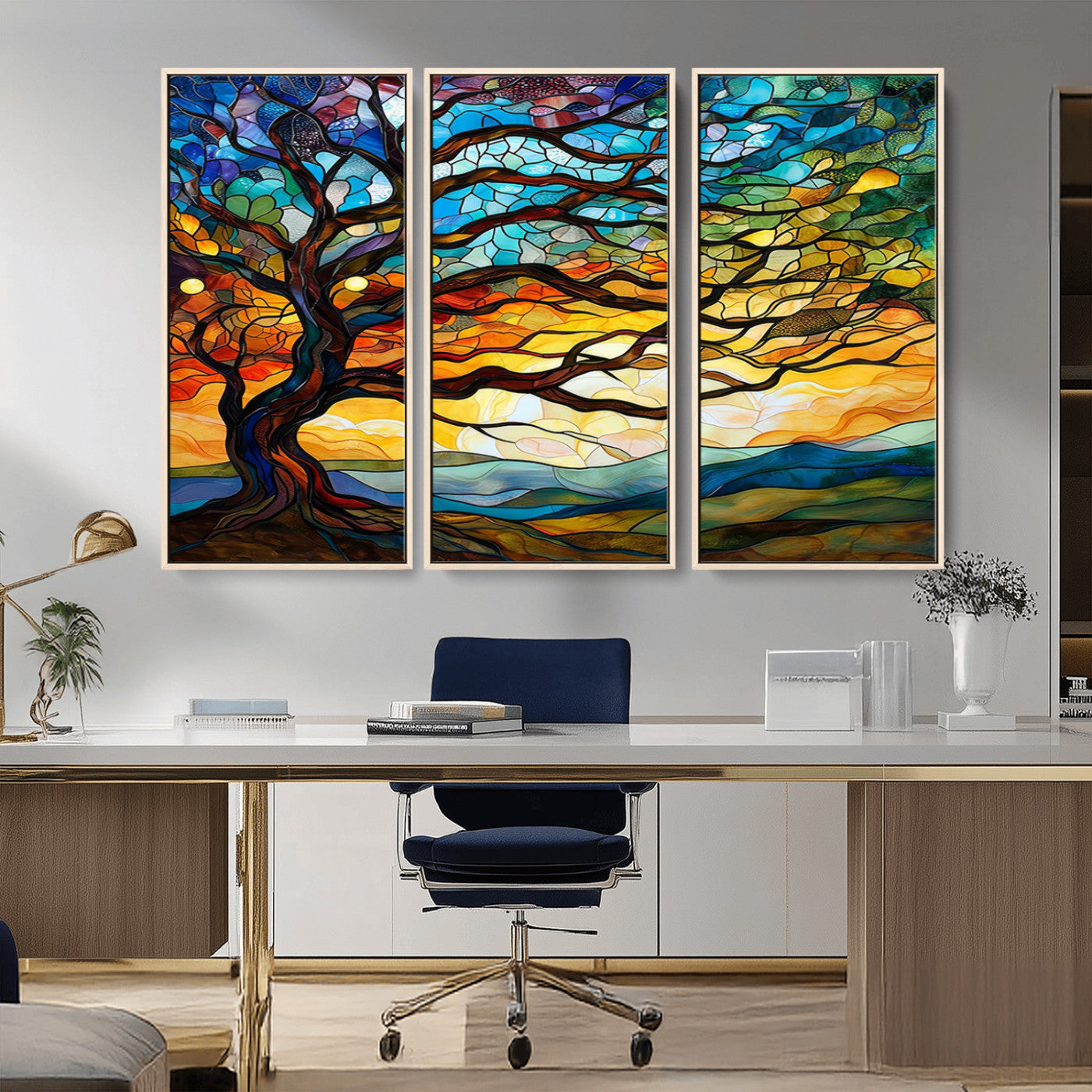 MGV-FC-48X32-3P - Mosaic Tree Wall Art | Ready to Hang Stained Glass Style Canvas Print | Farmhouse Wall Decor, Cabin