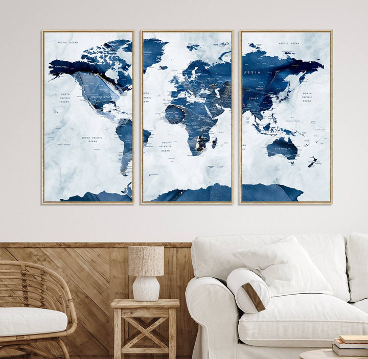 Navy Blue World Map with Antarctica Canvas: A perfect abstract home decor piece featuring a grunge-stained background.