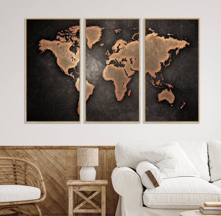 Maroon World Map Wall Art: Copper continents on a grunge-stained canvas, ideal for enhancing your decor.