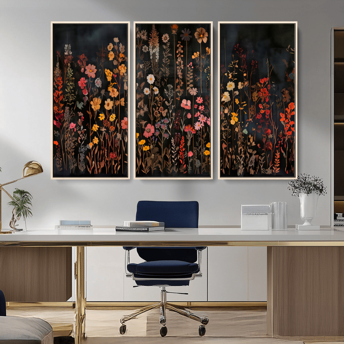 MGV-FC-48X32-3P - Large Floral Painting Print Illustration Flowers Canvas Wall Art Botanical Wall Decor Modern