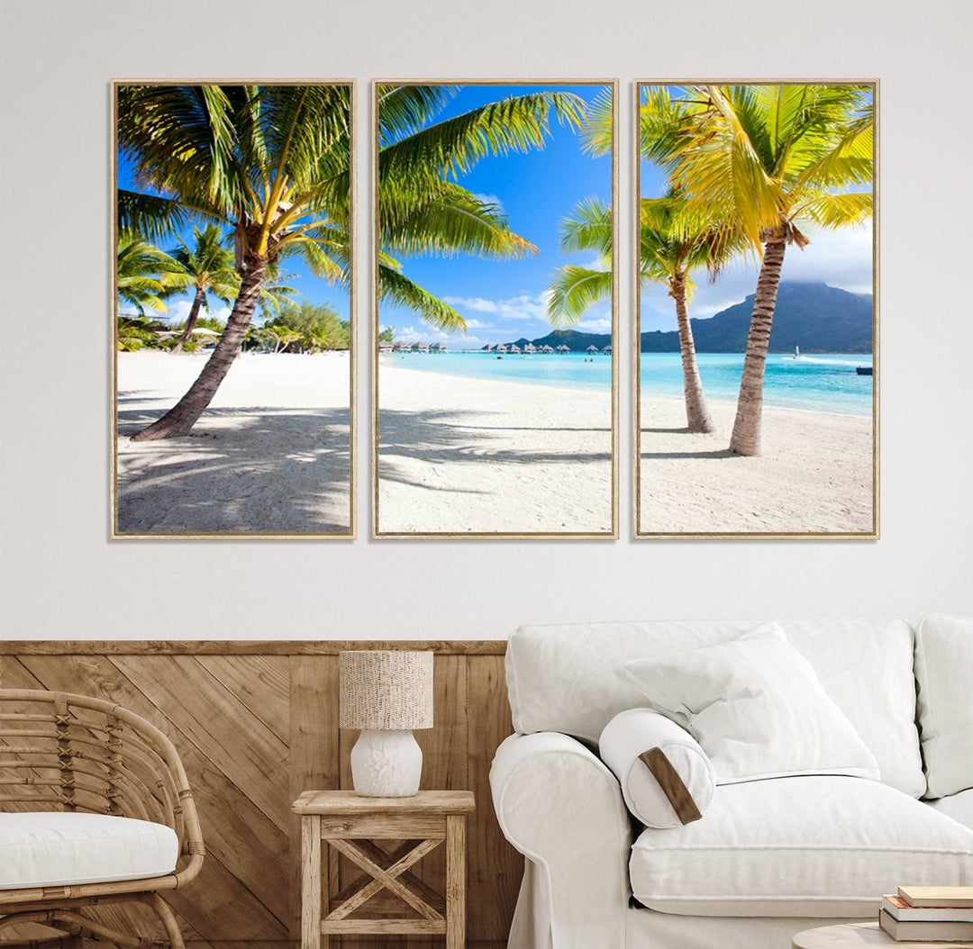 Blue Beach and Sea Wall Art Canvas Print: showcases a tropical scene with palm trees, white sand, and turquoise water.