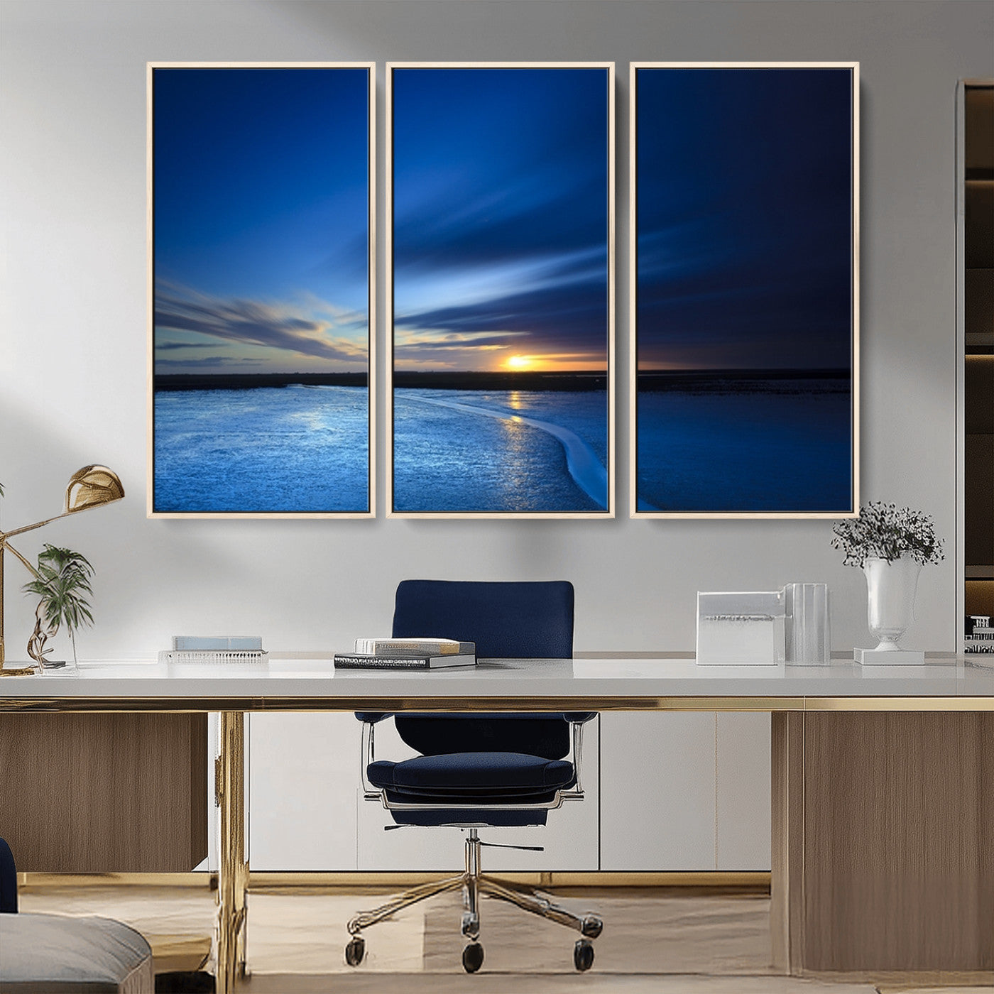 MGV-FC-48X32-3P - Blue Sunset Ocean Canvas Wall Art Print – Serene Coastal Horizon Wall Decor for Home or Office –