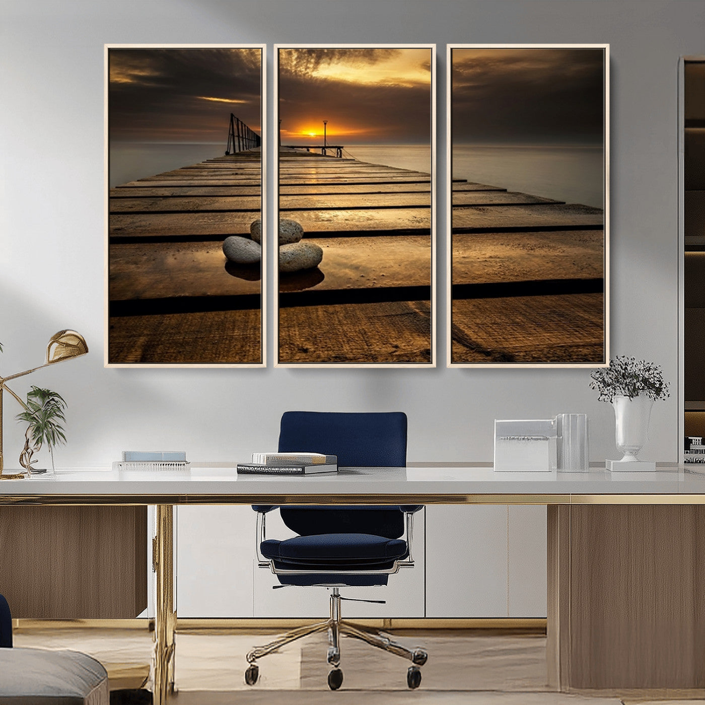 MGV-FC-48X32-3P - Stones on Wooden Pier at Sunset Canvas Print, Serene Coastal Wall Art, Beach Sunset Photography,