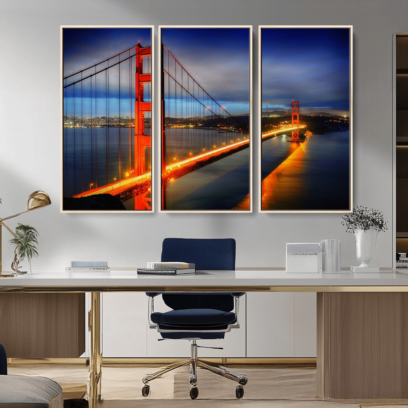 MGV-FC-48X32-3P - Large Wall Art San Francisco Canvas Print - Wonderful Golden Gate Bridge at Twilight
