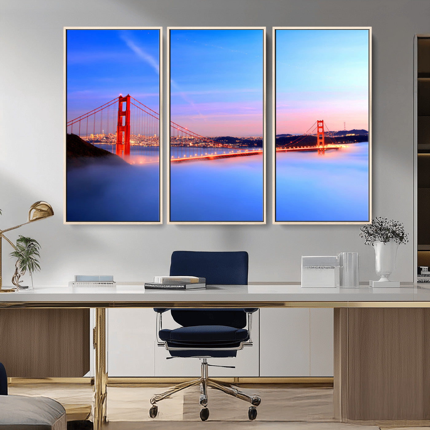 MGV-FC-48X32-3P - Golden Gate Bridge Wall Art Print, San Francisco Sunset Canvas Wall Art, Cityscape Canvas Print for