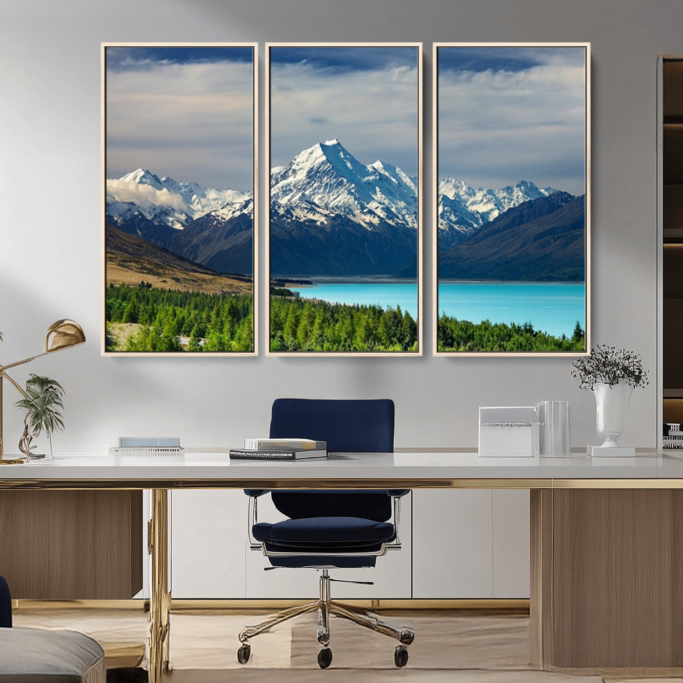MGV-FC-48X32-3P - Mount Cook and Lake Pukaki Canvas Wall Art Print – Majestic Snow-Capped Peaks and Serene Lake Wall