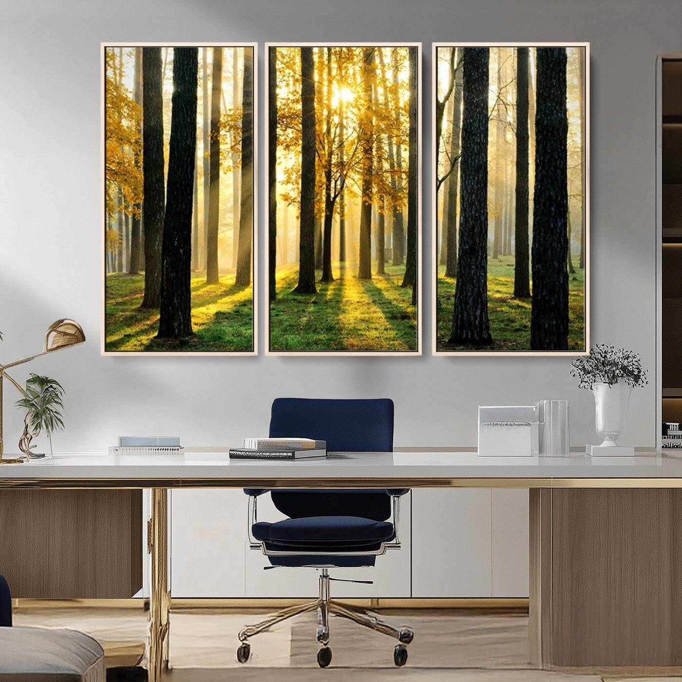 MGV-FC-48X32-3P - Sunlit Forest Canvas Wall Art – Serene Woodland Triptych Landscape Print – Nature-Inspired Decor for