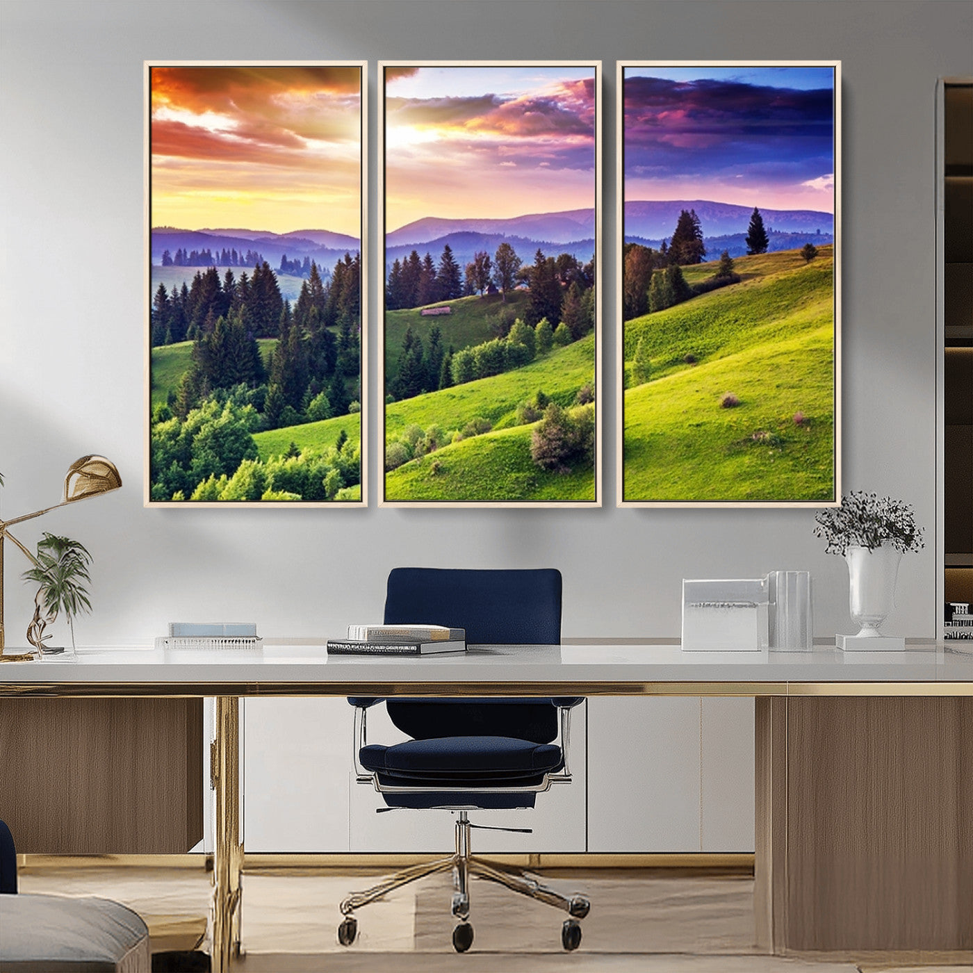 MGV-FC-48X32-3P - Green Hills and Sunset Wall Art Print - Scenic Landscape with Lush Greenery and Vibrant Sky, Ready