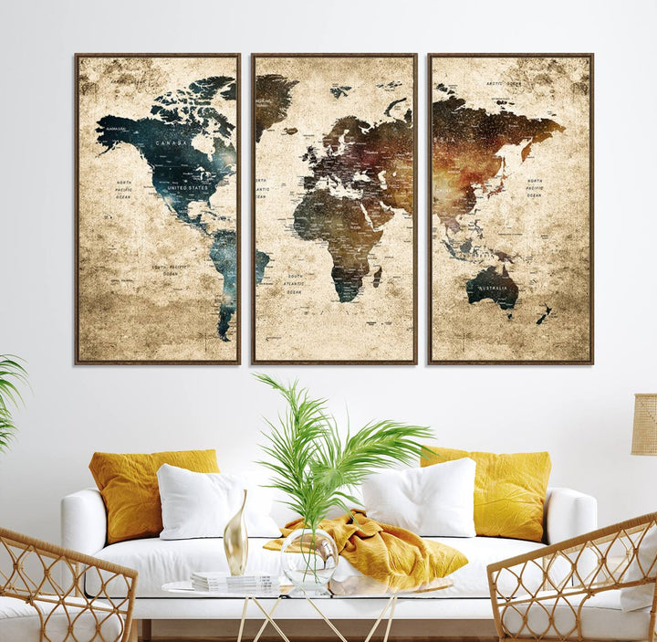 Grunge World Map Canvas featuring earth-toned continents, suitable for study, office, or living room.